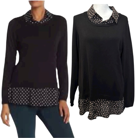 Adrianna Papell Long Sleeve Collared Heart Printed Twover Sweater 2-in-1 - Picture 1 of 6
